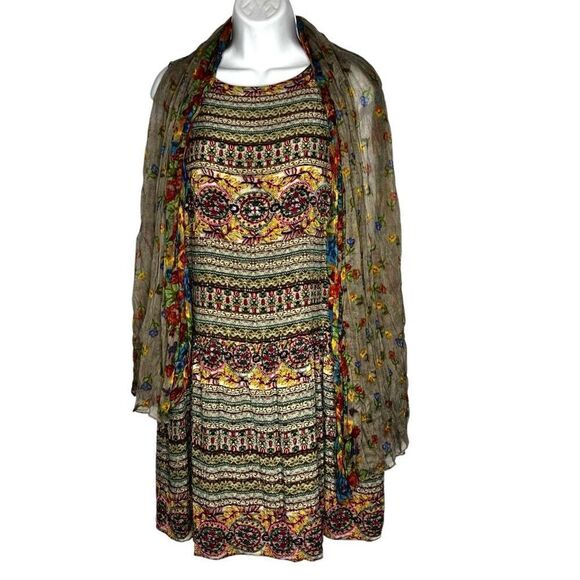Hemant & Nandina  Anthropologie Silk Beaded Drop Waist Boho Dress w Scarf, SZ 10 - Picture 3 of 15